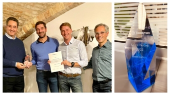 Wir von next system haben den Kontron Award für "best growth in EMEA 2022" gewonnen Mitarbeiter von next system mit Kontron Urkunde und Award in den Händen