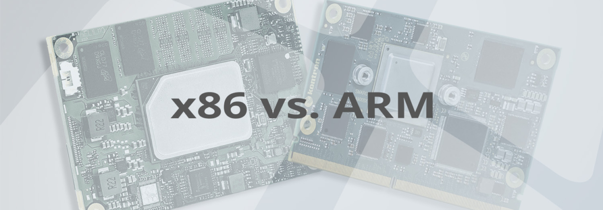 x86 und ARM Prozessor mit Schriftzug "x86 vs. ARM"